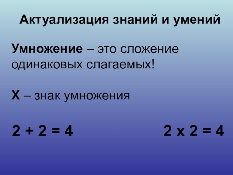 Одинаковые слагаемые. Умножение. Умножение это сложение одинаковых слагаемых. Умножение актуализация знаний. Коротко что такое умножение.