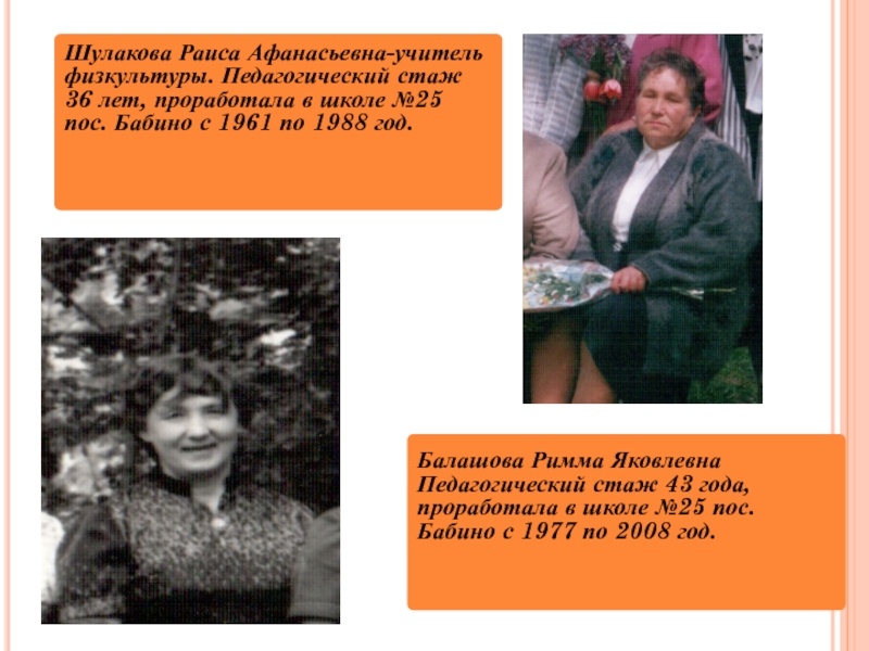 Шулакова Раиса Афанасьевна-учитель физкультуры. Педагогический стаж 36 лет, проработала в школе №25 пос. Бабино с 1961 по