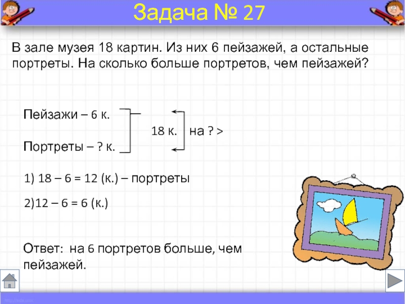 Оленька нарисовала 8 портретов а пейзажей на 6 больше сколько портретов и пейзажей нарисовала оля