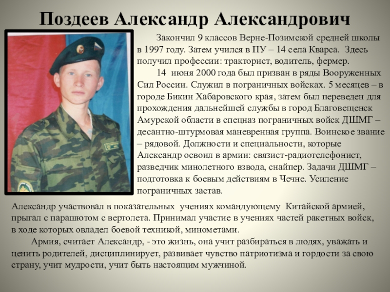 Поздеев Александр Александрович	Закончил 9 классов Верне-Позимской средней школы в 1997 году. Затем учился в ПУ – 14