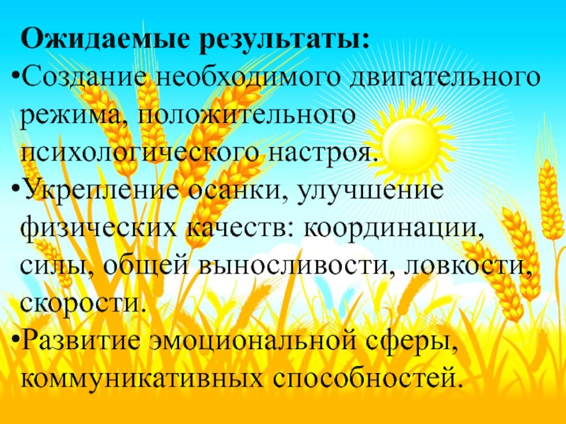 Ожидаемые результаты:Создание необходимого двигательного режима, положительного психологического настроя.Укрепление осанки, улучшение физических качеств: координации, силы, общей выносливости, ловкости,