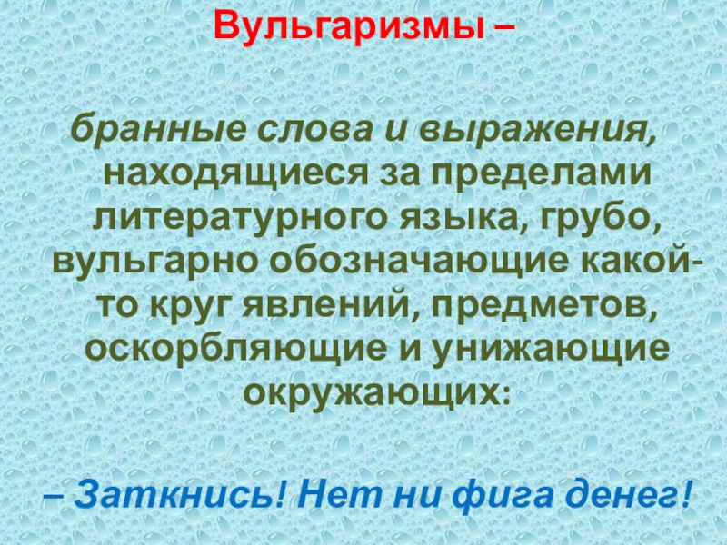 Вульгаризмы – бранные слова и выражения, находящиеся за пределами литературного языка, грубо, вульгарно обозначающие какой-то круг явлений, предметов,