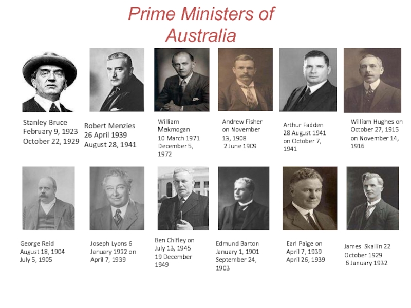 Prime Ministers of AustraliaStanley BruceFebruary 9, 1923 October 22, 1929Robert Menzies 26 April 1939 August 28, 1941William