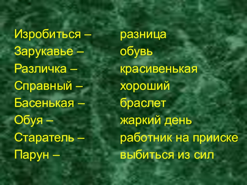 Изробиться –Зарукавье –Различка –Справный –Басенькая –Обуя –Старатель –Парун –разницаобувькрасивенькаяхорошийбраслетжаркий деньработник на приискевыбиться из сил