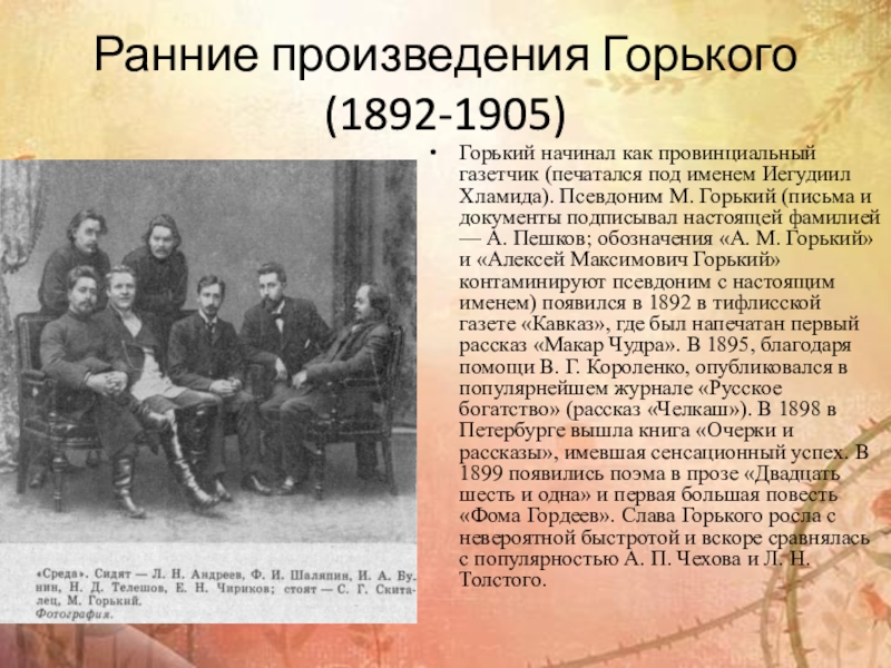 Ранние произведения Горького (1892-1905)Горький начинал как провинциальный газетчик (печатался под именем Иегудиил Хламида). Псевдоним М. Горький (письма