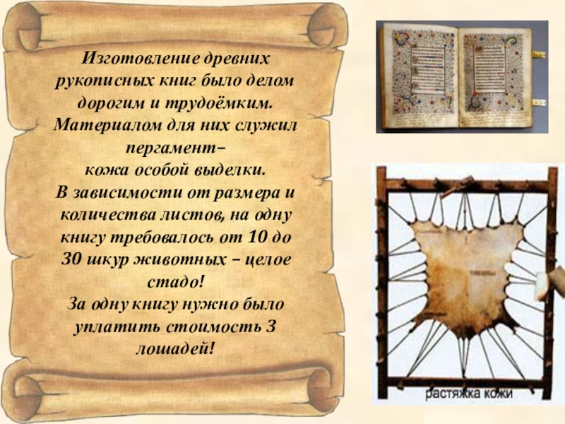 Изготовление древних рукописных книг было делом дорогим и трудоёмким. Материалом для них служил пергамент– кожа особой выделки.В