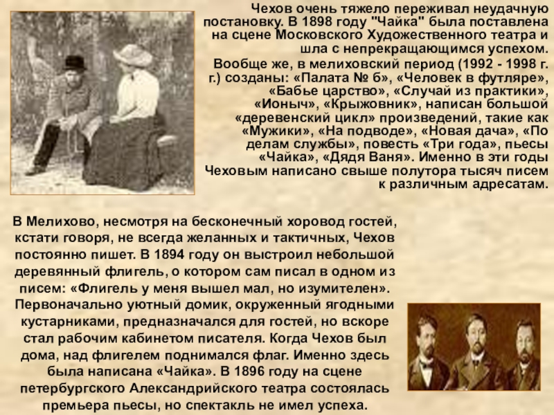 Чехов очень тяжело переживал неудачную постановку. В 1898 году 