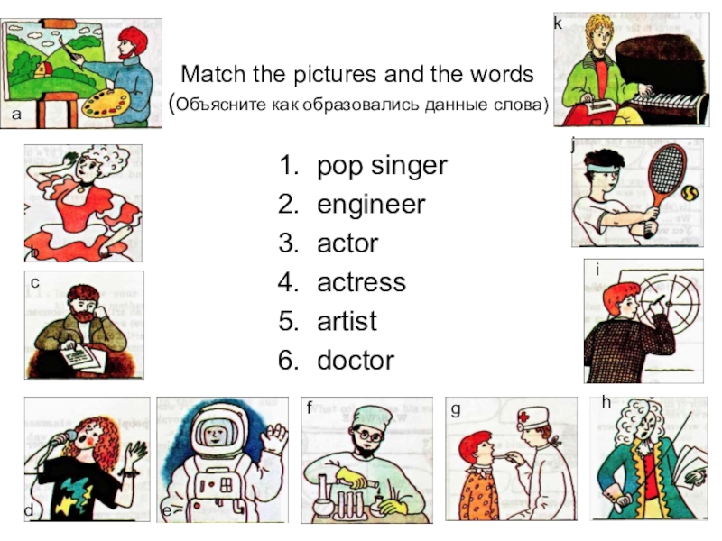 Match the pictures and the words (Объясните как образовались данные слова)1.  pop singer2.  engineer 3.  actor 4. 