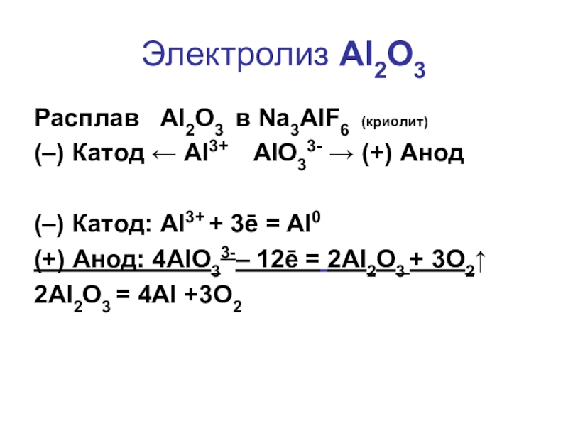 Электролиз Al2O3Расплав  Al2O3 в Na3AlF6 (криолит)(–) Катод ← Al3+  AlO33- → (+) Анод(–) Катод: Al3+