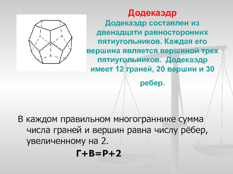 Додекаэдр Додекаэдр составлен из двенадцати равносторонних пятиугольников. Каждая его вершина является вершиной трех пятиугольников. Додекаэдр имеет 12