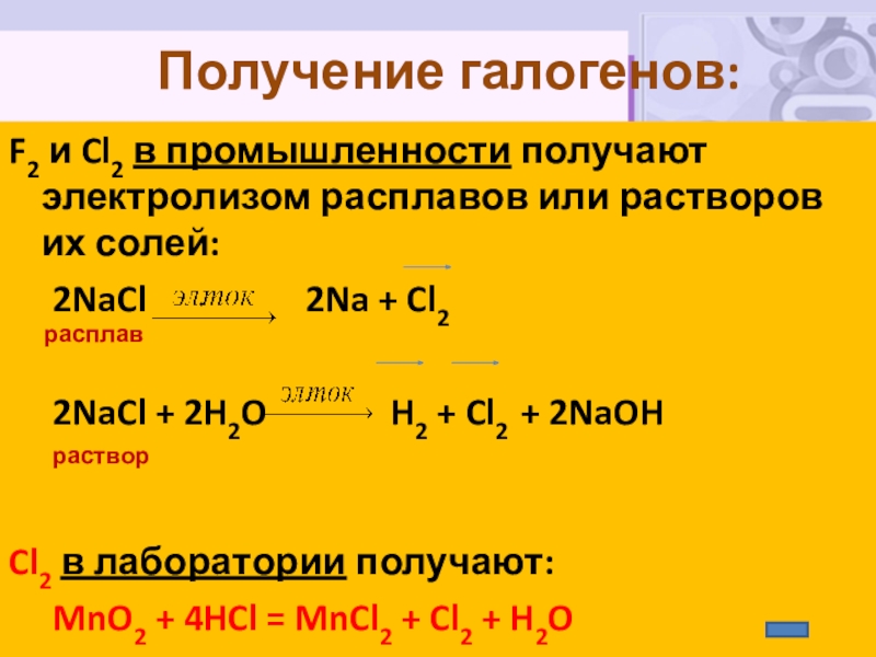 Выберите галогены. Получение галогенов уравнение реакций. Лабораторные способы получения галогенов. Реакции промышленного получения галогенов. Лабораторные и промышленные способы получения галогенов.