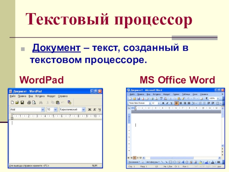 Текстовый процессор Документ – текст, созданный в текстовом процессоре.WordPadMS Office Word