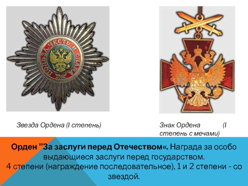 Звезда Ордена (I степень) Знак Ордена        (I степень с мечами)