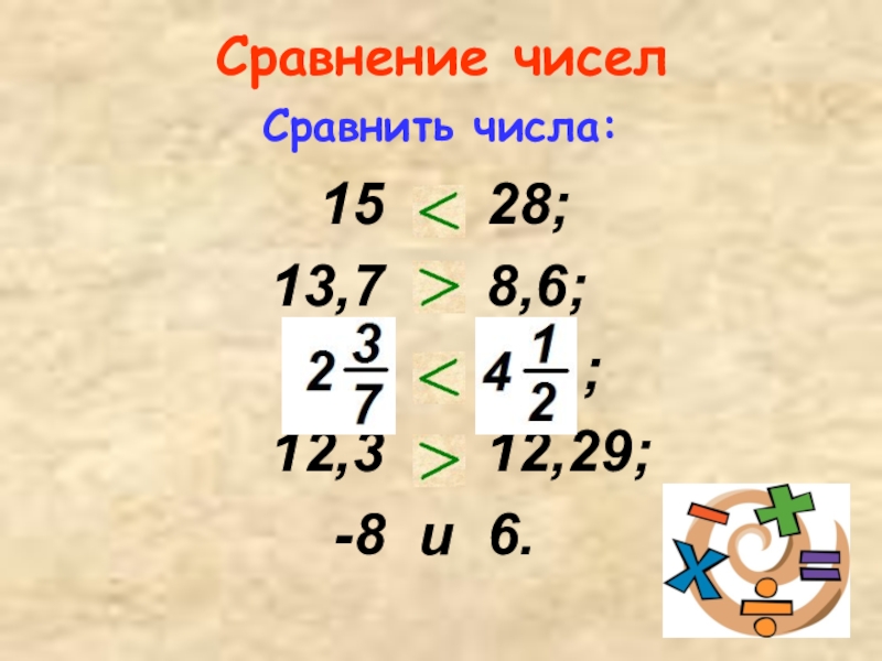 Сравнить числа. Сравнить числа 12 и -13. Сравните числа -15,3и-15,03;. Сравните числа 6/7 и 7/8. Сравните числа 8,6 и 8,9.