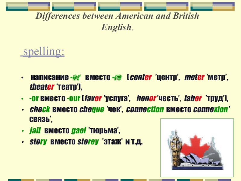 Differences between American and British English.   spelling: написание -er  вместо -re