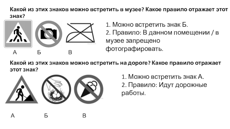 Какой знак можно встретить на парковке. Какое правило отражает этот знак. Какой знак можно встретить в музее. Какой из этих знаков можно встретить в музее. Какие правила отражают знаки.