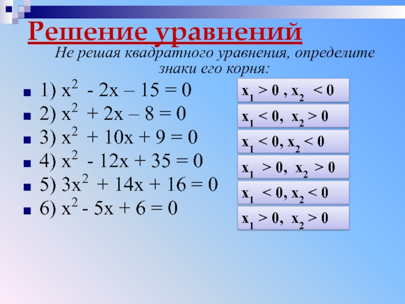 Решение уравненийНе решая квадратного уравнения, определите знаки его корня:1) x2 - 2х – 15 = 02) x2