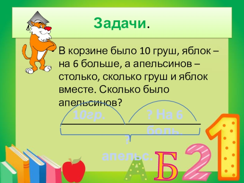 Тема вычитание 1 класс презентация. Задача столько сколько вместе 2 класс. Мама купила 8 яблок и 10 груш на сколько. Задачи когда известное сколько груш и сколько вместе для 5 класса. В корзине было 5 яблок груш на 7 меньше а слив столько схема.