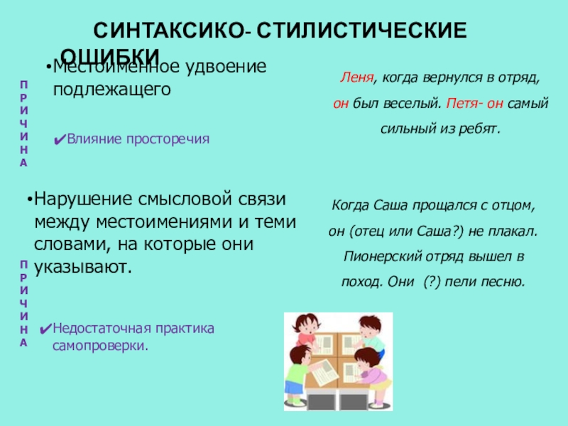 СИНТАКСИКО- СТИЛИСТИЧЕСКИЕ ОШИБКИ Местоименное удвоение подлежащегоЛеня, когда вернулся в отряд, он