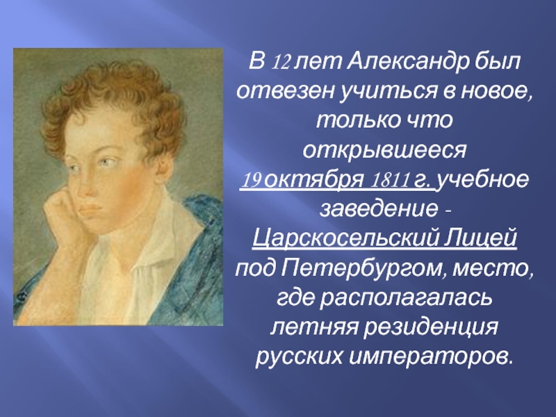 В 12 лет Александр был отвезен учиться в новое, только что открывшееся 19 октября 1811 г. учебное