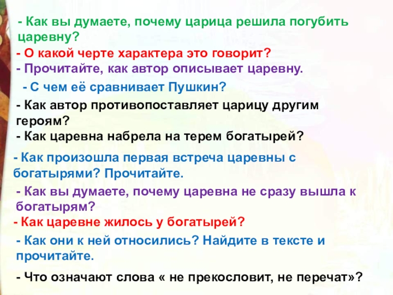 План к сказке о мертвой царевне и семи богатырях 4 класс