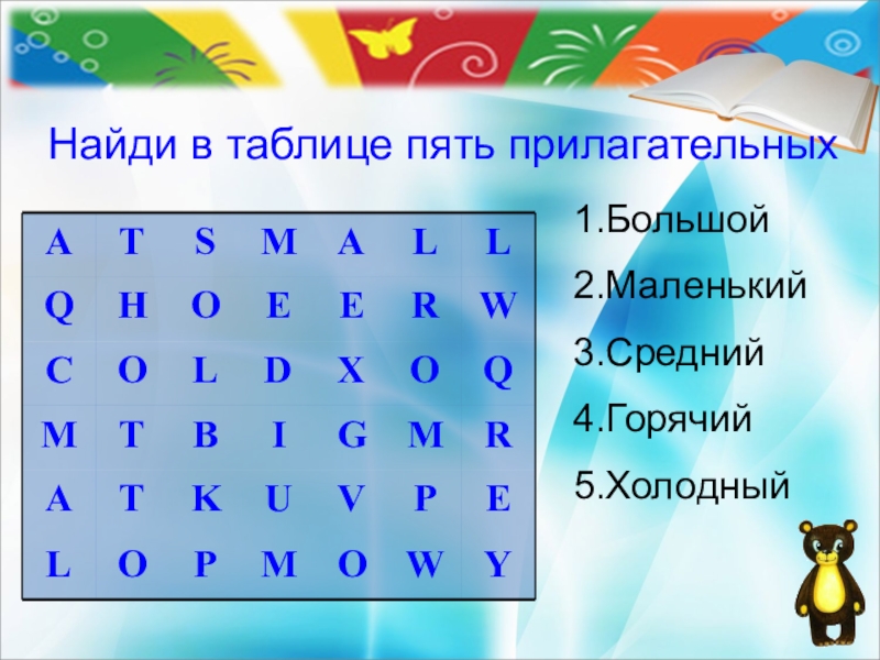 Найди в таблице пять прилагательных1.Большой2.Маленький3.Средний4.Горячий5.Холодный