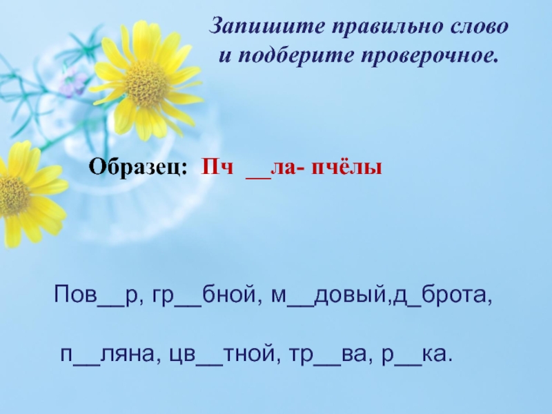 Образец проверочное. Безударная гласная в корне слова пчела летит от цветка к цветку.