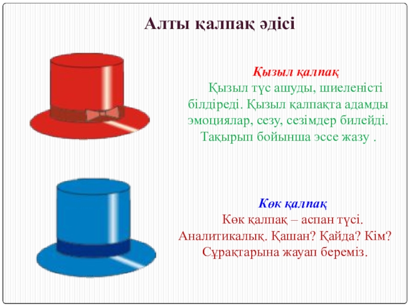 Алты это сколько. Метод шляп. 6 Қалпақ әдісі презентация. Алты қалпақ әдісі презентация. Метод 6 шляп Эдварда де Боно кратко.