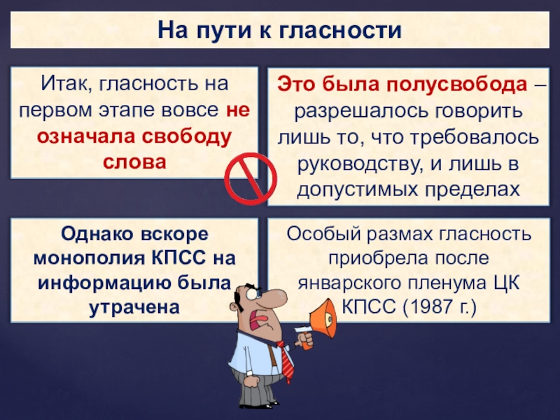 На пути к гласностиИтак, гласность на первом этапе вовсе не означала свободу слова Это была полусвобода –