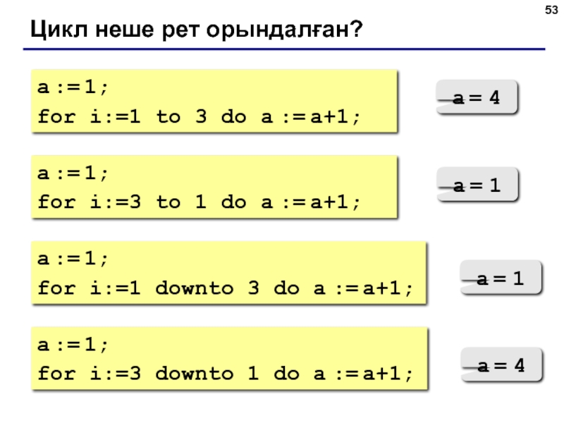 Цикл неше рет орындалған?a := 1;for i:=1 to 3 do a := a+1;a = 4a := 1;for