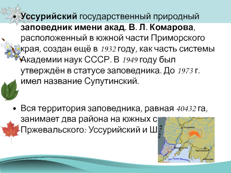 Уссурийский заповедник имени в л комарова презентация