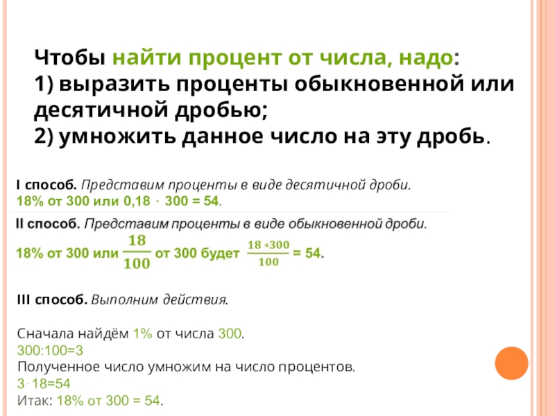 Чтобы найти процент от числа, надо:1) выразить проценты обыкновенной или десятичной дробью;2) умножить данное число на эту дробь.I