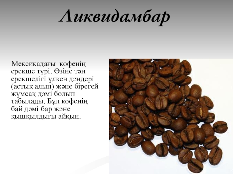 ЛиквидамбарМексикадағы кофенің ерекше түрі. Өзіне тән ерекшелігі үлкен дәндері (астық алып) және бірегей жұмсақ дәмі болып табылады.