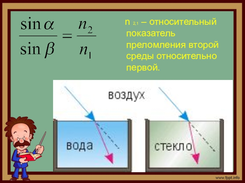 Преломление стекла равно. Показатель преломления физика 11 класс. Преломление второй среды относительно первой. Коэффициент преломления воды. Физический смысл показателя преломления света.