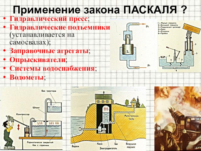 Применение закона. Применение закона Паскаля. Где применяется закон Паскаля. Закон Паскаля примеры. Практическое применение закона Паскаля.