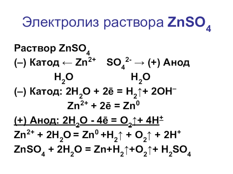 Электролиз раствора ZnSO4Раствор ZnSO4(–) Катод ← Zn2+  SO42- → (+) Анод