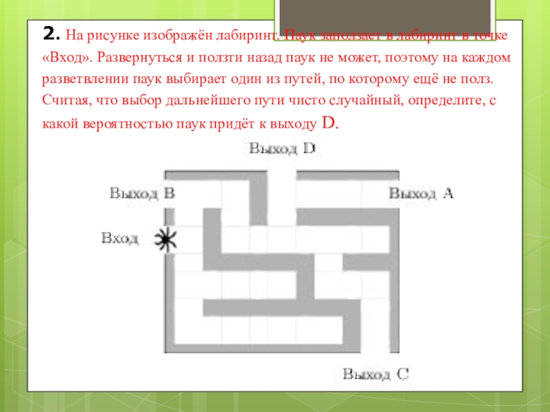 На рисунке изображен паук. На рисунке изображен Лабиринт. Паук заползает в Лабиринт. Паук заползает в Лабиринт в точке вход. На рисунке изображён Лабиринт паук.