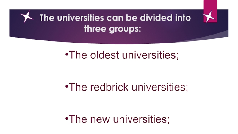 The universities can be divided into three groups: