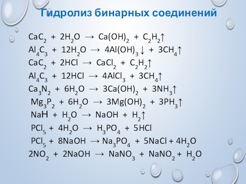Продукты реакции al h2o. Гидролиз бинарных соединений. Гидролиз бинарных веществ. Гидролиз бинарных соединений неметаллов. Cac2+h2o уравнение реакции.