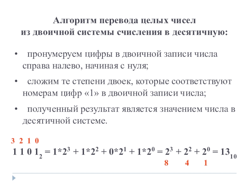 Перевести число в десятичную сс. Алгоритм перевода числа из двоичной системы счисления в десятичную. Алгоритм перевода чисел из десятичной системы в двоичную. Алгоритм перевода чисел в десятичную систему счисления. Правило перевода из десятичной системы счисления в двоичную.