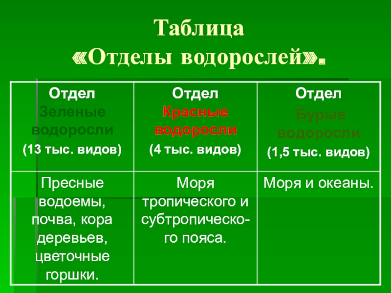 Таблица зеленых водорослей