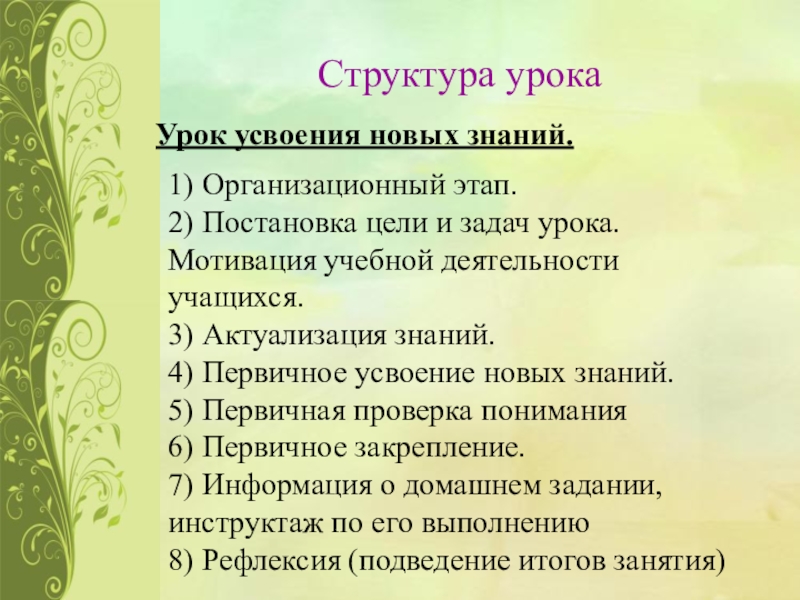 Виды занятий различных. Структура урока усвоения новых знаний по ФГОС. Структура урока усвоения новых знаний. Этапы урока усвоения новых знаний. Этапы усвоения на уроке.