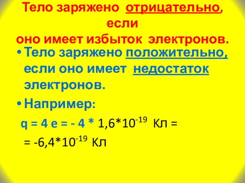 Избыточный положительный заряд. Тело заряжено отрицательно если. Избыток электронов, недостаток электронов. Тело заряжено положительно если. Тело заряжено отрицательно если оно имеет избыток.