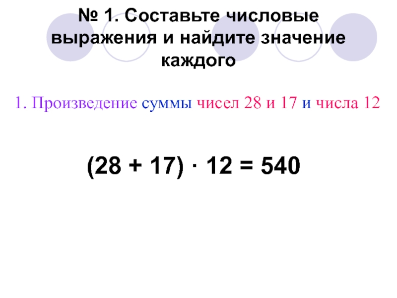 № 1. Составьте числовые выражения и найдите значение каждого1. Произведение суммы чисел 28 и 17 и числа