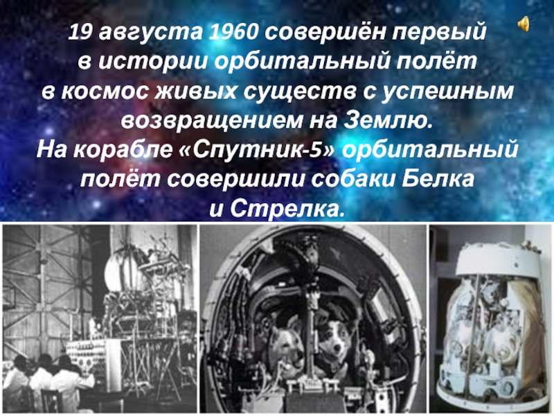 19 августа 1960 совершён первый в истории орбитальный полёт в космос живых существ с успешным возвращением на Землю. На корабле «Спутник-5» орбитальный полёт совершили