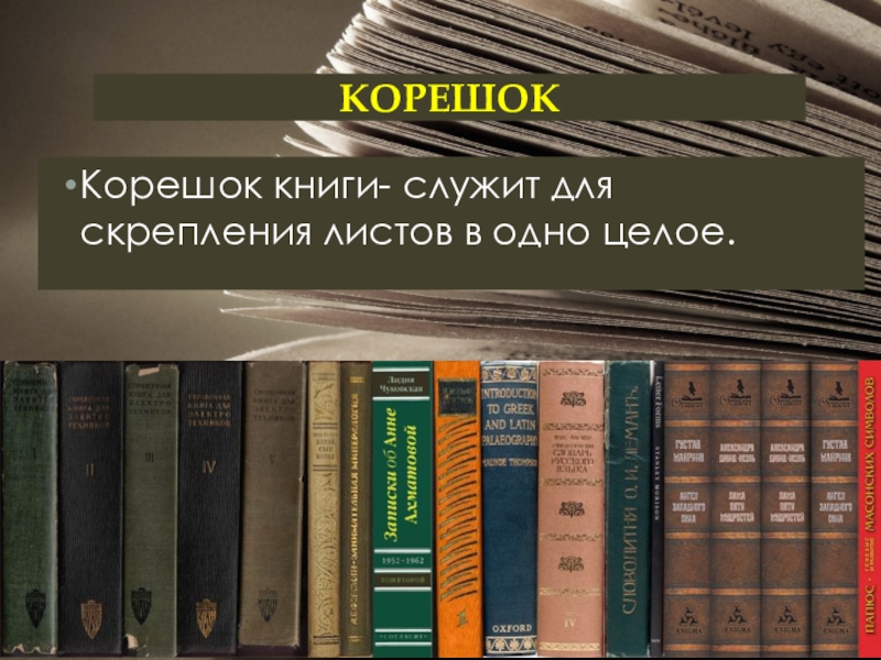 КОРЕШОККорешок книги- служит для скрепления листов в одно целое.