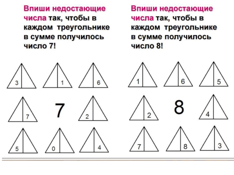 Составь число 10. Треугольник состав числа. Состав чисел в пределах 10. Впиши недостающие числа для 1 класса. Числовые треугольники для дошкольников.