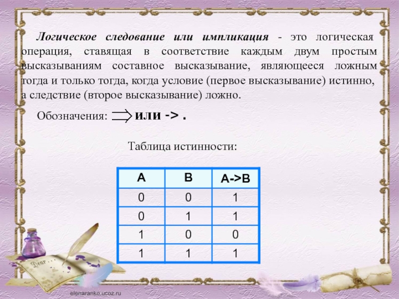 Логическая операция которая высказыванию ставит. Алгебра логики следование. Логическое следование или. Логическое следование логическая операция ставящая. Импликация ложна тогда и только тогда когда.