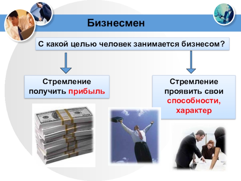 БизнесменС какой целью человек занимается бизнесом?Стремление получить прибыльСтремление проявить свои способности, характер