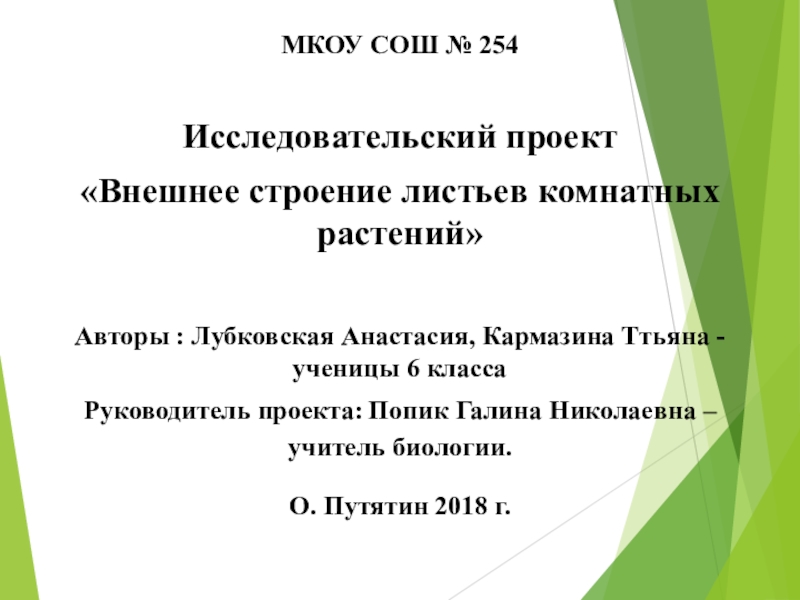 Презентация к докладу Исследование внешнего строения комнатных растений